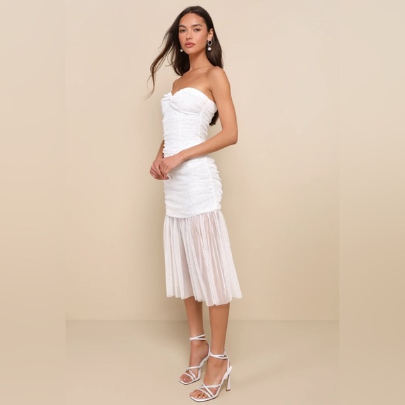 Lulus Sparkling Babe White Mesh Rhinestone Ruched Strapless Midi Dress - Picture 2 of 8